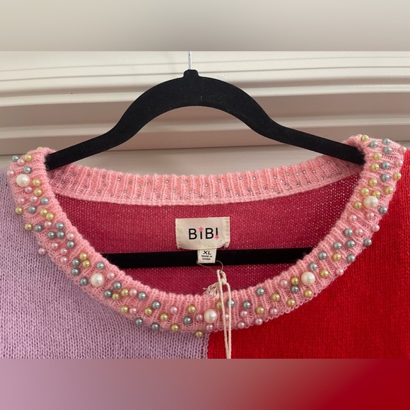 NWT Women’s BiBi Color Block Short Sleeve Sweater with Pearls Size XL - Picture 2 of 6